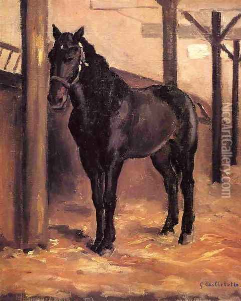 Yerres Dark Bay Horse In The Stable Oil Painting - Gustave Caillebotte