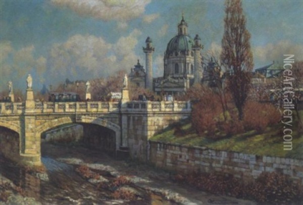 Blick Auf Die Karlskirche, Im Vordergrund Die Elisabethbrucke Oil Painting - Eduard Ameseder