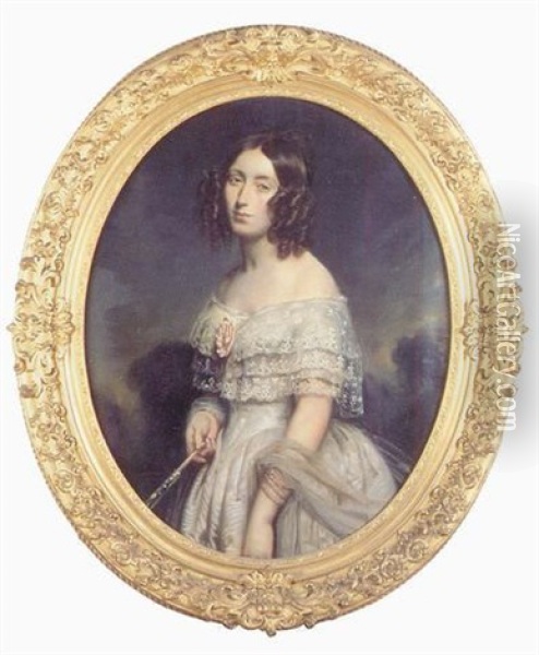 Portrait De Femme A La Robe De Dentelle Blanche Et A L'evantail Oil Painting - Francois Gabriel Guillaume Lepaulle