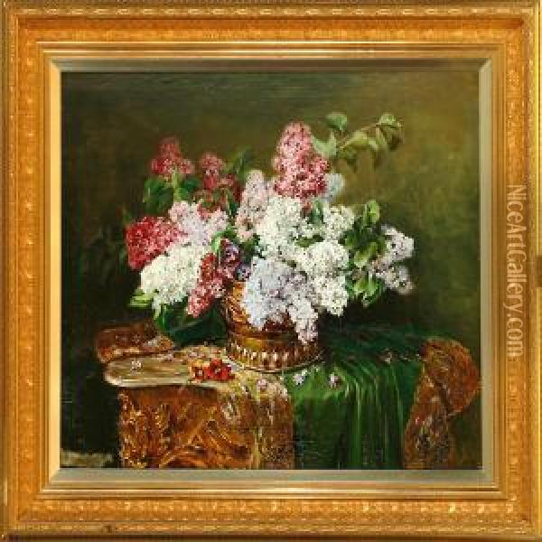 Lilacs In A Brass Vessel On A Table Oil Painting - Clara Von Sivers