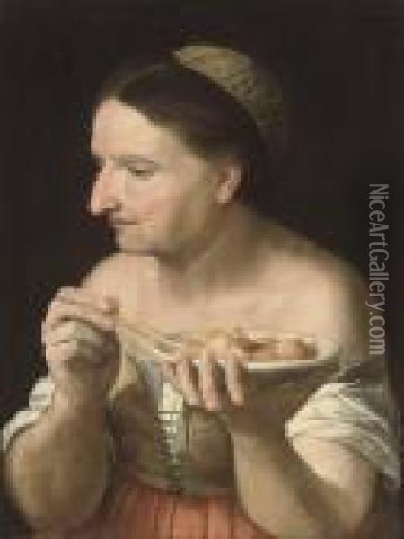 A Peasant Woman Eating Oil Painting - Annibale Carracci
