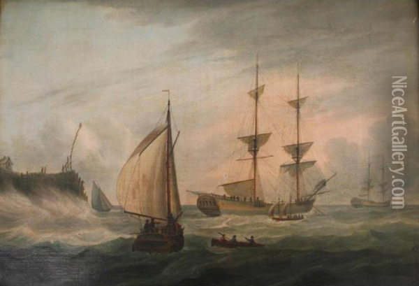 Frigates And Smaller Vessels In Coastal Waters Oil Painting - Nicholas Pocock