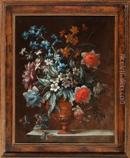 Blumenstraus In Vase Auf Steinsockel Oil Painting - Jean-Baptiste Morel