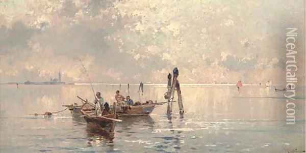 Learning to fish on the Lagoon, Venice Oil Painting - Franz Richard Unterberger