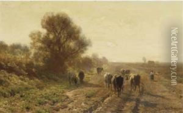 Guiding The Cattle Along A Path On A Sunny Afternoon Oil Painting - Julius Jacobus Van De Sande Bakhuyzen