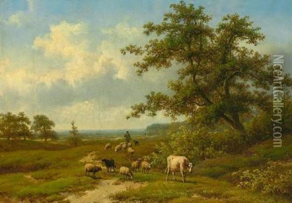 Weidelandschaft Mit Schafer, Schafherde Und Kuh An Einemspatsommertag Oil Painting - Eugene Joseph Verboeckhoven