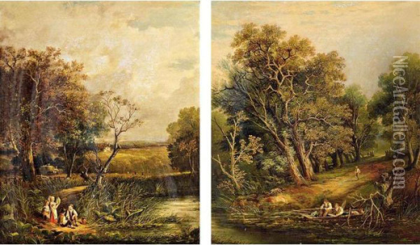Figures Fishing By A Stream; Children Resting On The Banks Of A Stream Oil Painting - Henry John Boddington