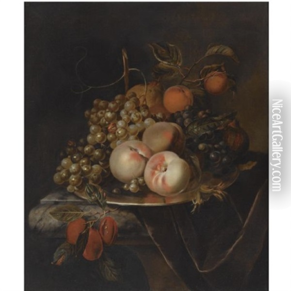 A Still Life Of Blue And White Grapes, Peaches, Plums, A Pear And A Pomegranate, All On A Pewter Platter, On A Marble Draped Ledge Oil Painting - Herman van der Myn