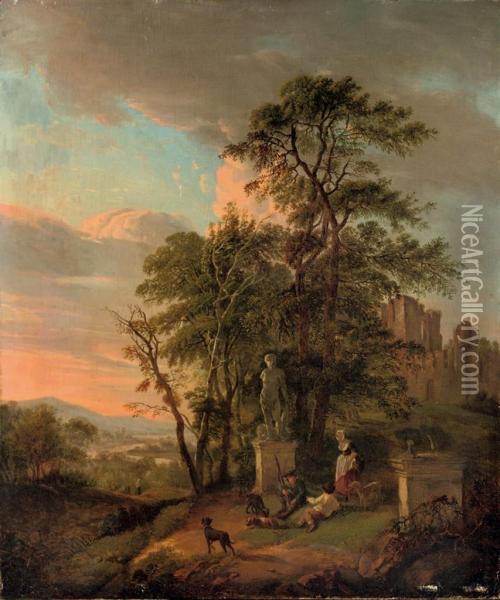 An Italianate River Landscape With Figures Resting Near A Classicalsculpture, Ruins In The Background Oil Painting - Pieter Bartholomeusz. Barbiers IV