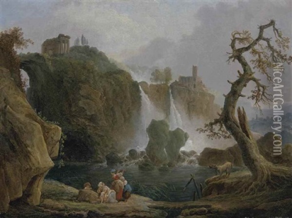 A Capriccio Of Tivoli With Peasants Resting Before A Waterfall, Classical Ruins And A Villa Beyond Oil Painting - Hubert Robert