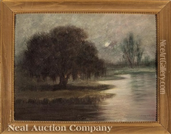 Moon And Live Oak Tree, Louisiana Bayou Oil Painting - Alexander John Drysdale