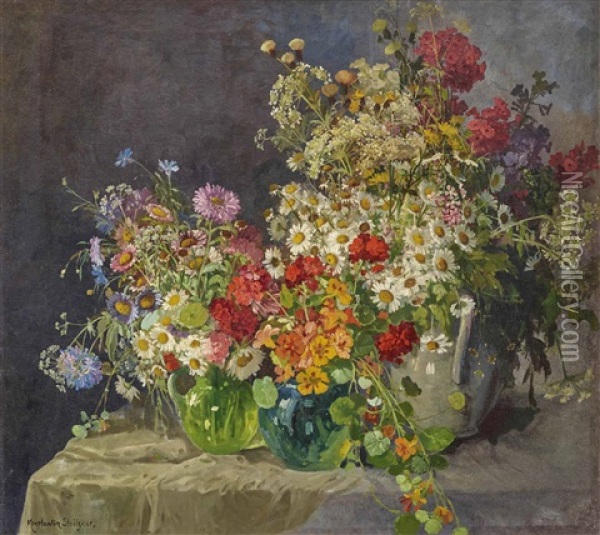 A Still Life With Meadow Flowers In Jugs Oil Painting - Konstantin Stoitzner