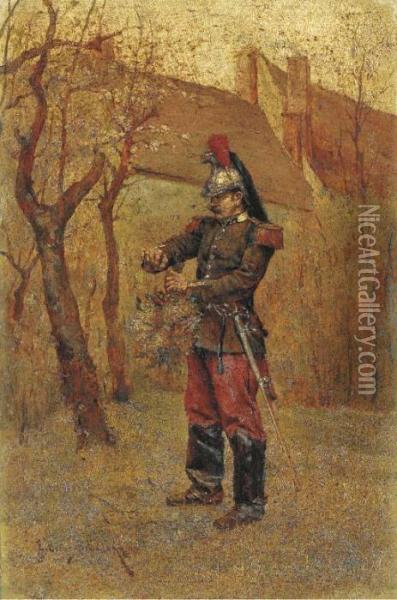 A Soldier Tying A Bundle Of Branches Oil Painting - Etienne Prosper Berne-Bellecour