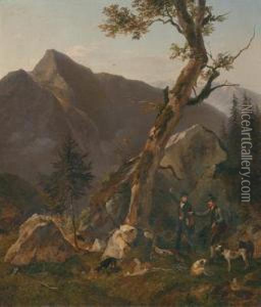 Two Hunters And Their Dogs In The High Mountains Oil Painting - Franz Reinhold