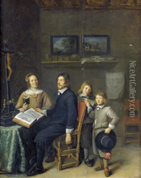 Bildnis Eines Ehepaars Mit Seinen Zwei Sohnen In Einem Eleganten Interieur Oil Painting - Joos van Craesbeeck