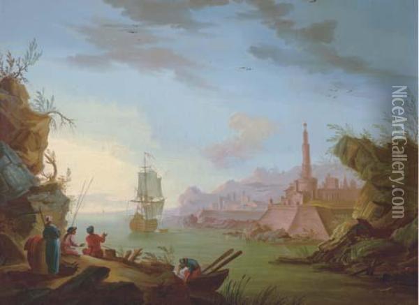 A Coastal View With Figures Oil Painting - Charles Francois Lacroix de Marseille