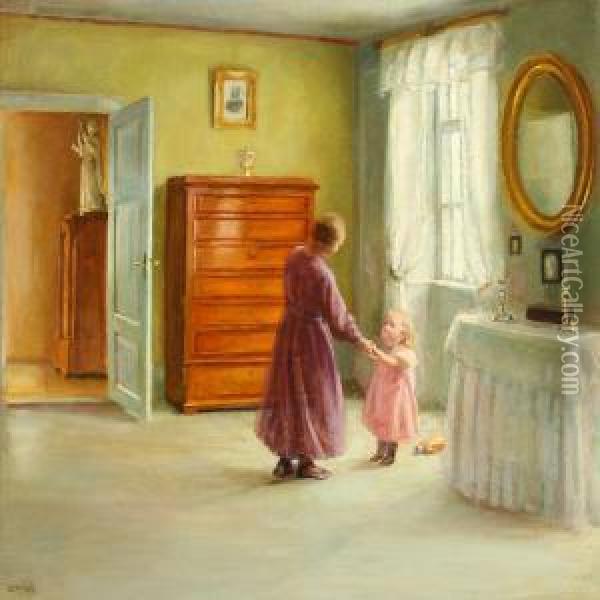 Interior With Mother And Daughter By A Window Oil Painting - Caja Prytz