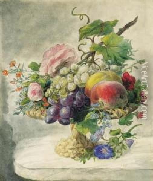 A Still Life With Peaches, 
Grapes, Roses, Morning Glory,forget-me-not, Pelargonium And Other 
Flowers On A Fruitstand Oil Painting - Geraldine Jacoba Van De Sande Bakhuyzen