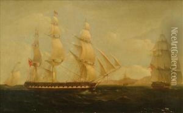 The Eastindiaman Ceres, In Two Positions, Arriving Off St. Helena Oil Painting - William Huggins