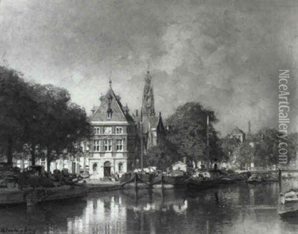 View Of 't Spaarne, Haarlem, With Waagtoren Beyond Oil Painting - Johannes Christiaan Karel Klinkenberg