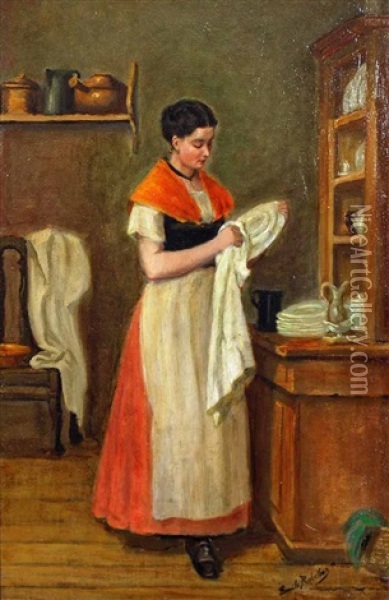 Lady Drying Dishes Oil Painting - Emile Robellaz