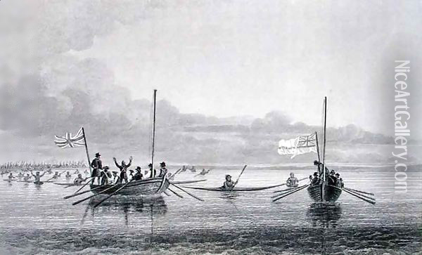 Eskimaux Coming Towards the Boats in Shoalwater Bay Oil Painting - Sir George Back