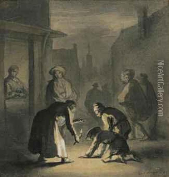 Figures Gathered In A Street At Night Oil Painting - Jan Luyken