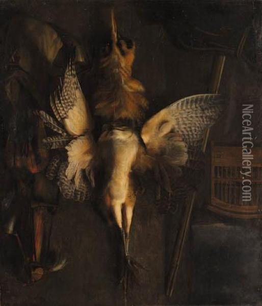 A Hunting Still Life With A Dead Bittern And Implements Of Thechase Oil Painting - Abraham van Dijck