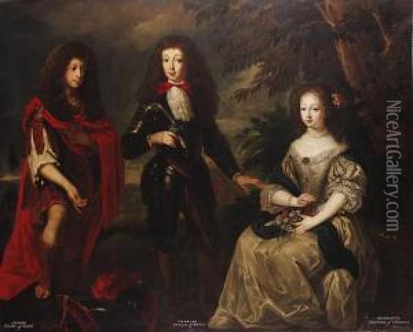 Group Portrait Of James, Duke Of
 York, Charles, Prince Of Wales Andhenrietta, Duchess Of Orleans, 
Full-length, In A Woodedlandscape Oil Painting - Henri Gascard