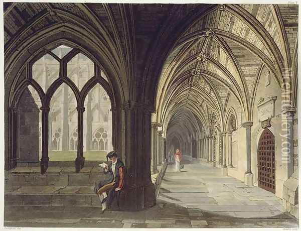 South East Angle of the Cloisters, plate T from Westminster Abbey, engraved by J.R. Hamble fl.1775-1825 pub. by Rudolph Ackermann 1764-1834 1812 Oil Painting - Thompson
