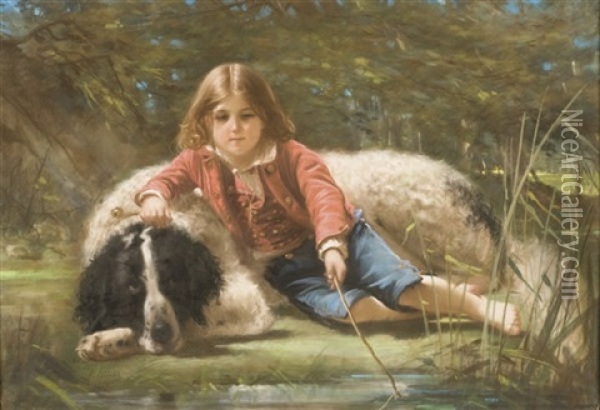Un Garcon Pechant Avec Son Chien Oil Painting - Pierre-Adolphe Huas