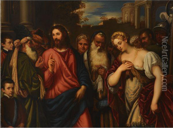 Christ And The Adulteress Oil Painting - Polidoro Lanzani (see Polidoro Da Lanciano)