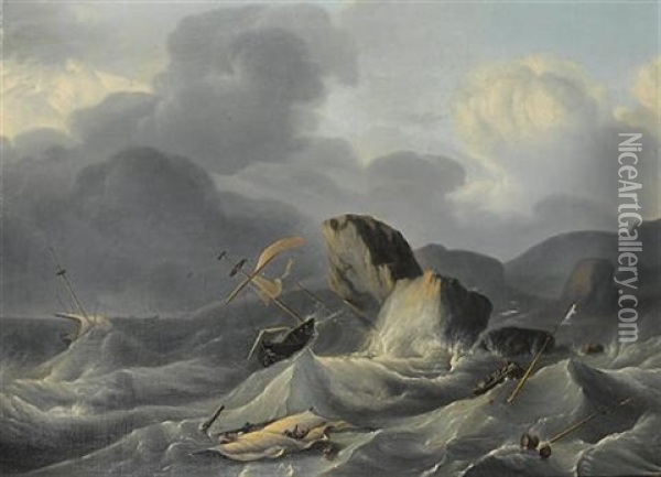 Shipping Foundering In Stormy Seas Off A Rocky Coastline Oil Painting - Ludolf Backhuysen the Elder