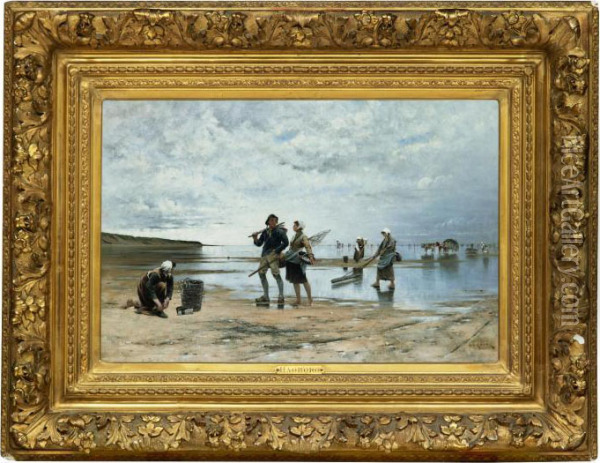 Fiskare Och Musselplockerskor Pa Stranden I Bretagne Oil Painting - August Wilhelm Nikolaus Hagborg