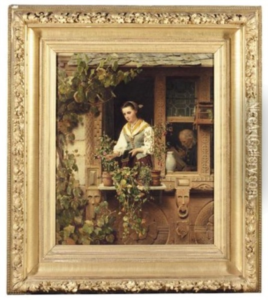 Tending The Windowbox (bei Der Blumenpflege) Oil Painting - August Friedrich Siegert