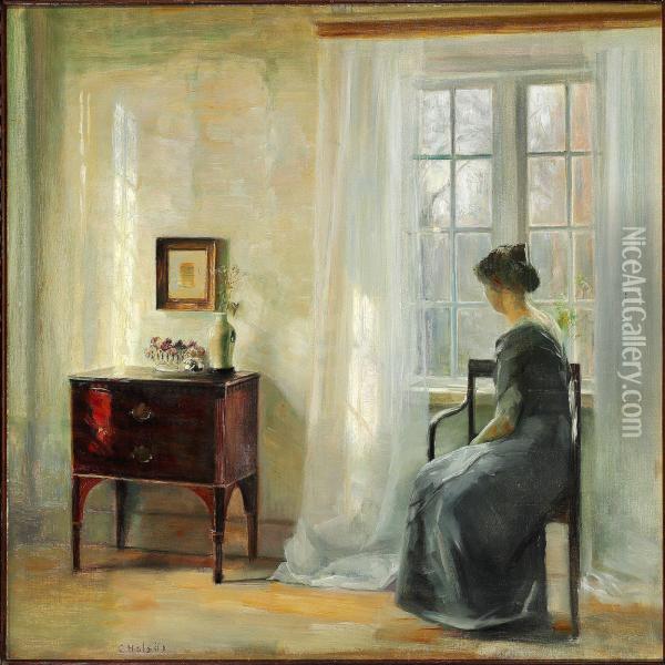 Interior With A Woman Sitting At The Window In A Sunlit Room Oil Painting - Carl Vilhelm Holsoe