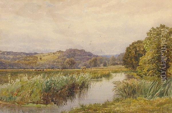 A Pastoral Landscape With A Stream And Cattle Grazing In The Distance Oil Painting - George Stanfield Walters