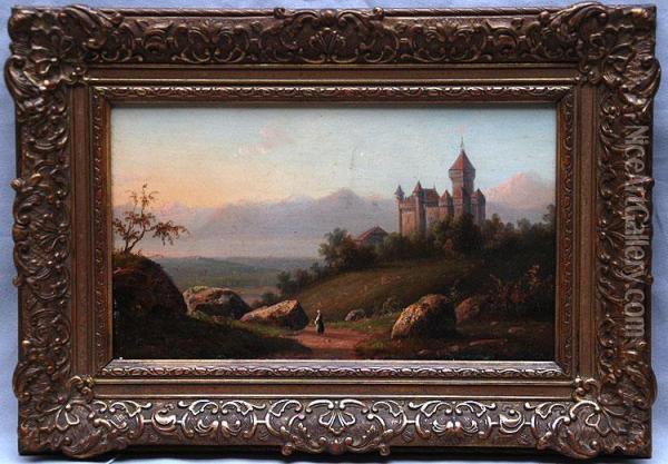 Castle, Figure Of Girl On Road Oil Painting - Johannes Franciscus Christ