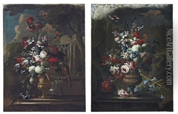 Roses, Tulips And Chrysanthemums In A Copper Urn (+ Roses, Tulips And Carnations On A Stone Ledge; Pair) Oil Painting - Guillermo Mesquida