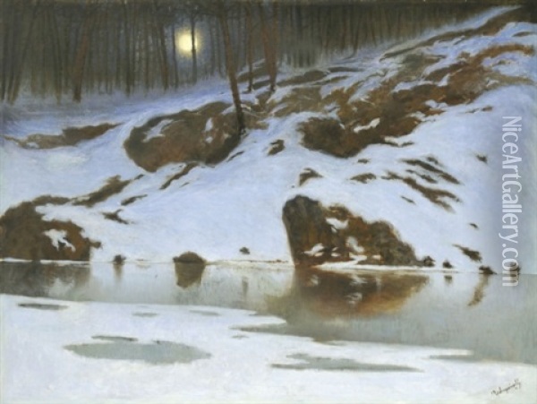 Moonlit Winter Landscape Oil Painting - Laszlo Mednyanszky