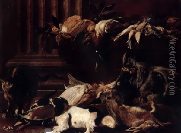 A Boar`s Head, A Dead Hare, A Mallard And Songbirds With A Cat And King Charles Spaniel By A Pilaster Oil Painting - Jacob van der Kerckhoven