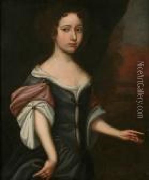 Portrait Of A Young Lady, 
Three-quarter Length, Believed To Be Elizabeth Wentworth, Wearing A Blue
 Dress And Stood Before A Landscape Oil Painting - William Wissing or Wissmig
