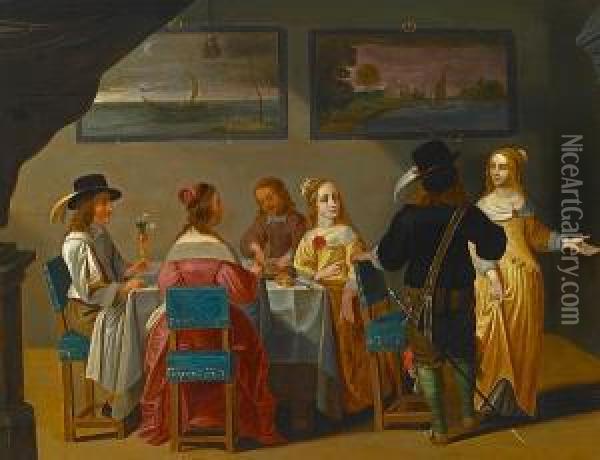 Figures Gathered Around A Table Oil Painting - Christoffel Jacobsz van der Lamen