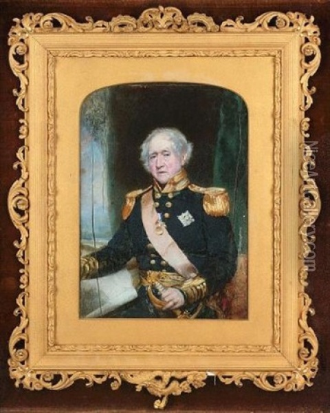Admiral Sir James Hawkins Of Whitshed Bt. Wearing Uniform, Breast Star And Red Sash Of The Order Of The Bath And Naval Gold Medal (st. Vincent), Green Curtain Background Oil Painting - Frederick Cruickshank