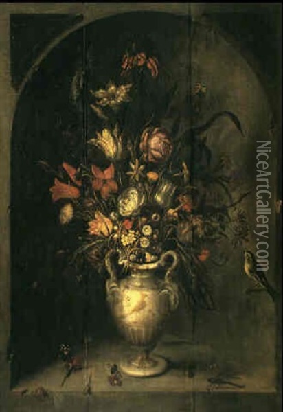 Stilleben Med Blommor I Vas, Staende I Nisch Oil Painting - Otto Marseus van Schrieck