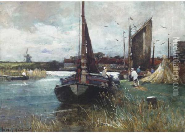 Figures By A Dutch Canal Oil Painting - John Robertson Reid
