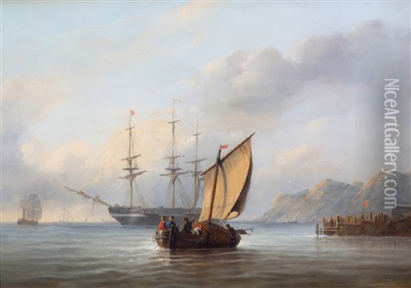 A Three-master And Fishing Boat Near A Rocky Coast Oil Painting - Christian Cornelis Kannemans