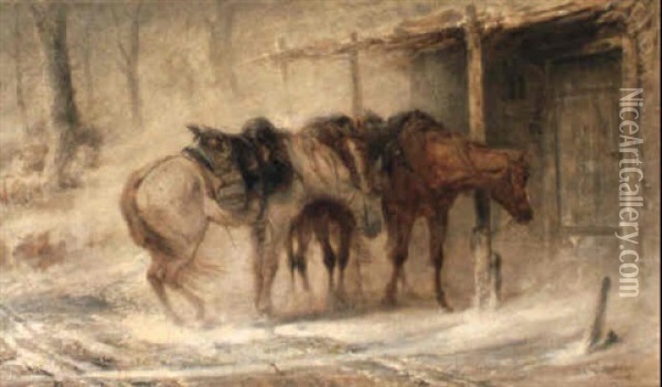 Drei Pferde Im Schneesturm Vor Einer Hutte Oil Painting - Adolf Schreyer