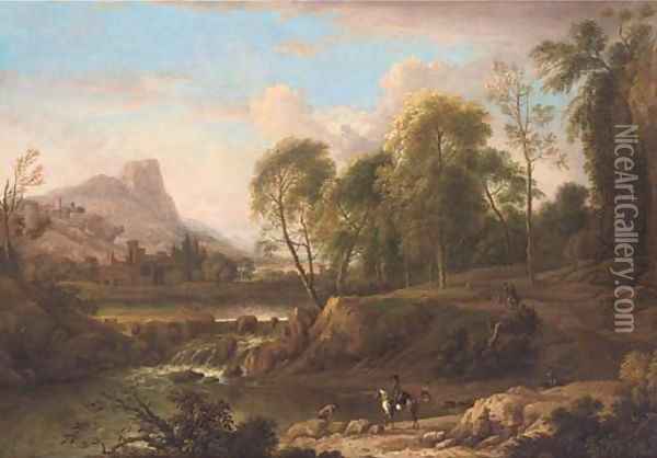 An extensive mountain landscape with horsemen on a track and bathers in a river, a town beyond Oil Painting - Jan Wynants