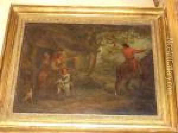 Family By A Cottage Conversing With A Man On Horseback Oil Painting - George Morland